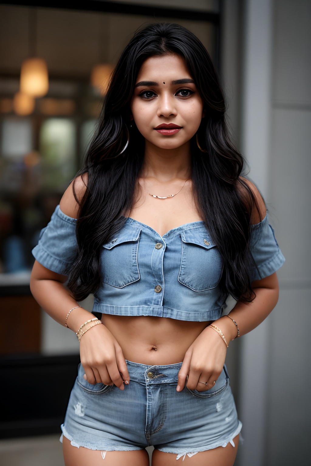 A solo punjabi Indian simple girl simple type age 16 the viewer from a cowboy shot indoors. She's wearing a black miniskir...