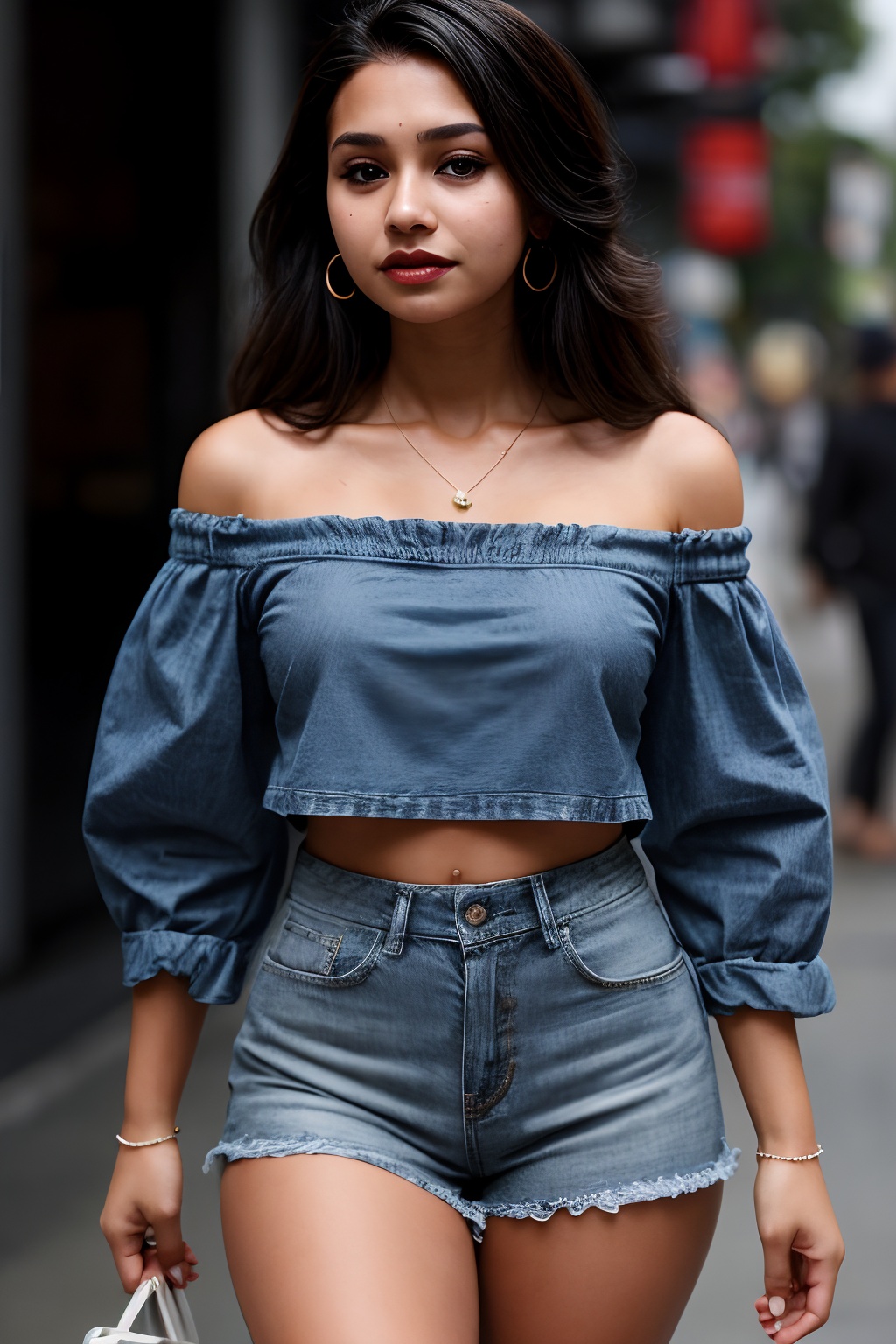 A solo simple girl simple type age 18 the viewer from a cowboy shot indoors. She's wearing a black miniskirt and jeans her...