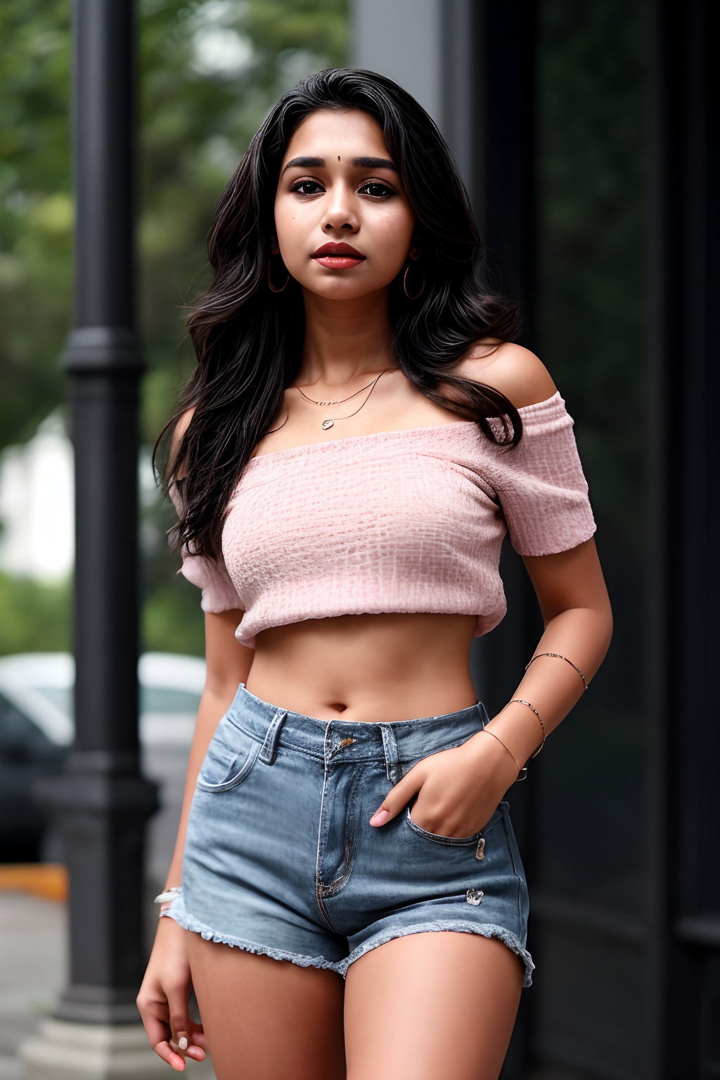 A solo punjabi Indian simple girl simple type age 18 the viewer from a cowboy shot indoors. She's wearing a black miniskir...