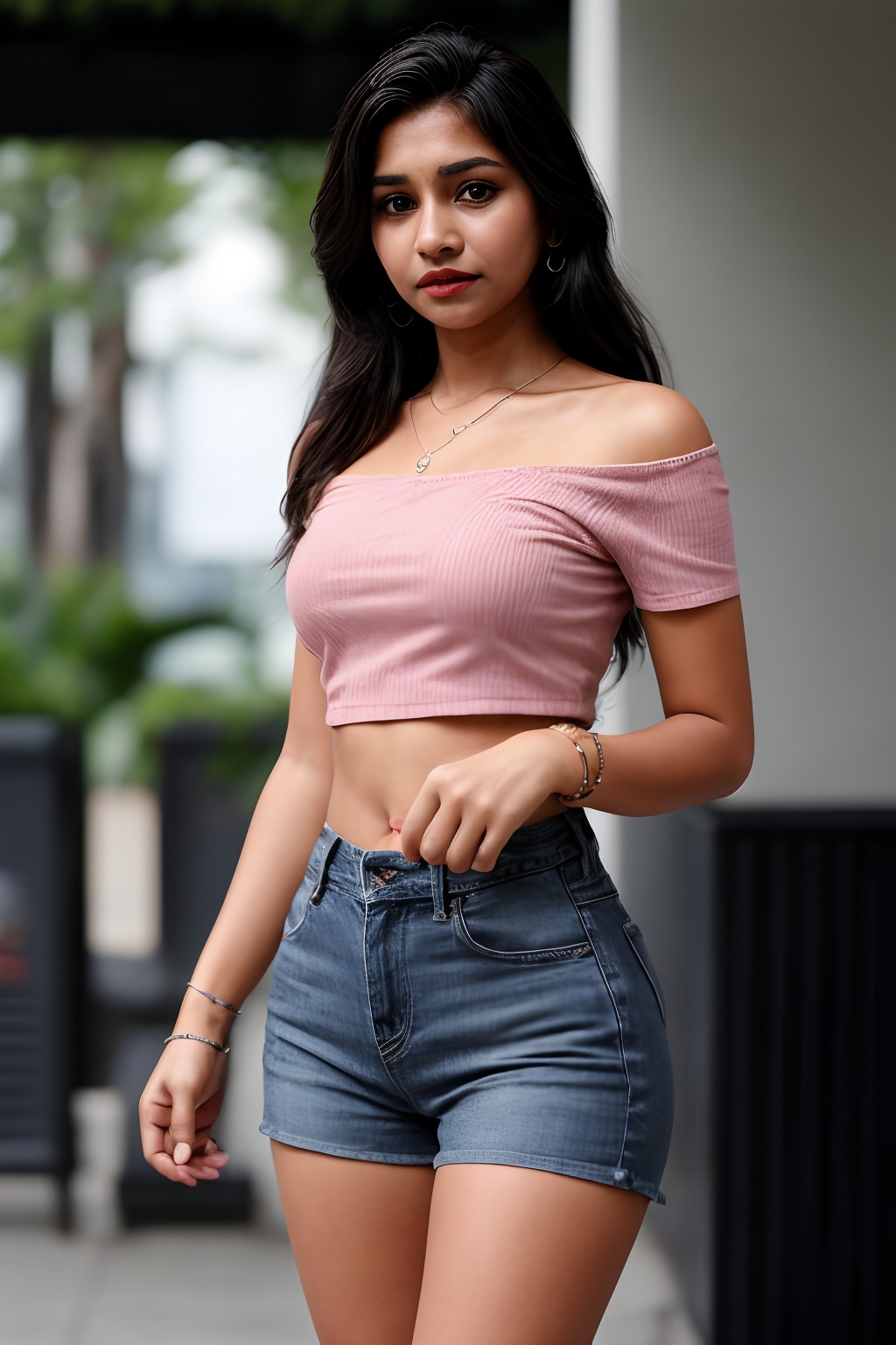 A solo punjabi Indian simple girl simple type age 18 the viewer from a cowboy shot indoors. She's wearing a black miniskir...