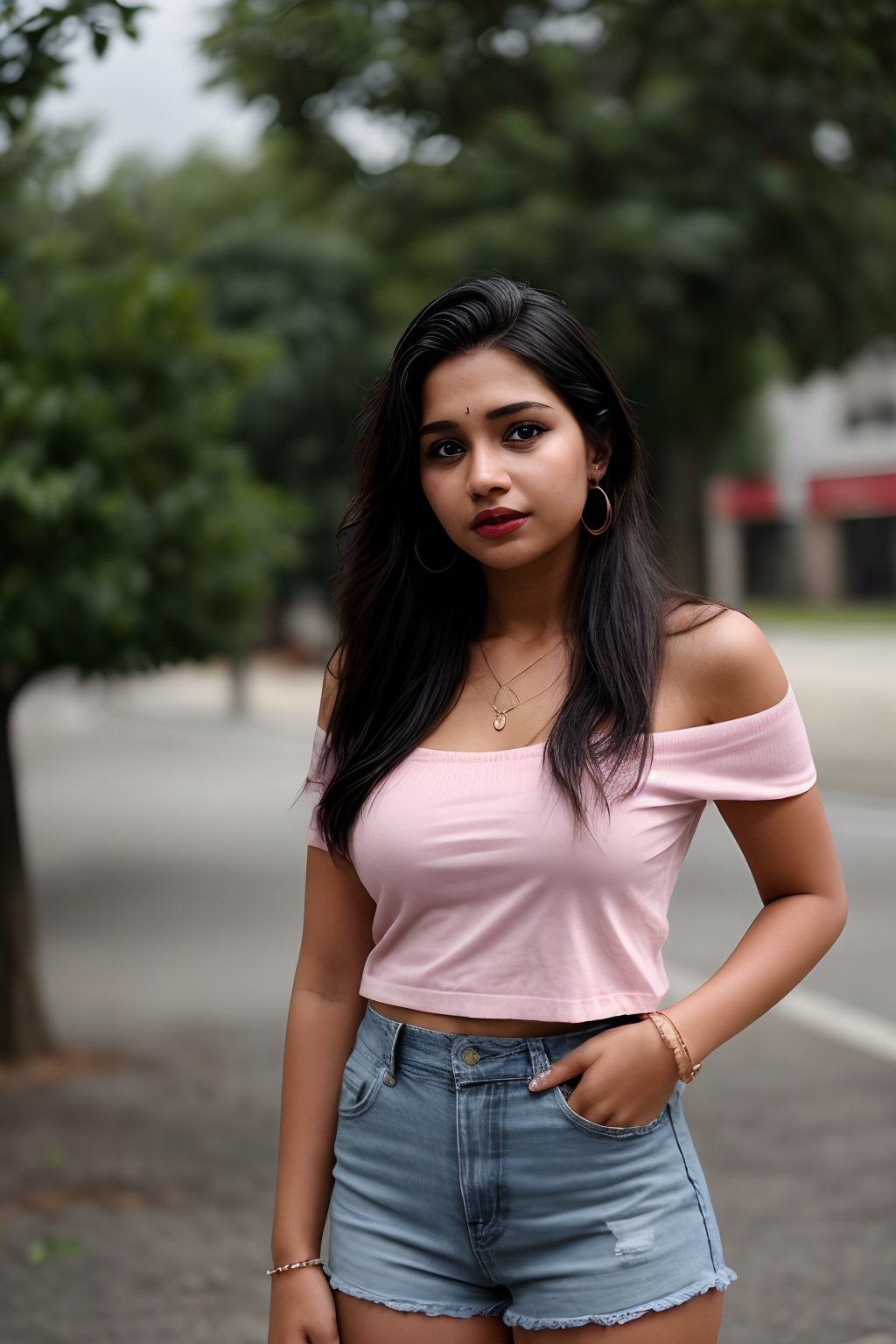 A solo punjabi Indian simple girl simple type age 16 the viewer from a cowboy shot indoors. She's wearing a black miniskir...