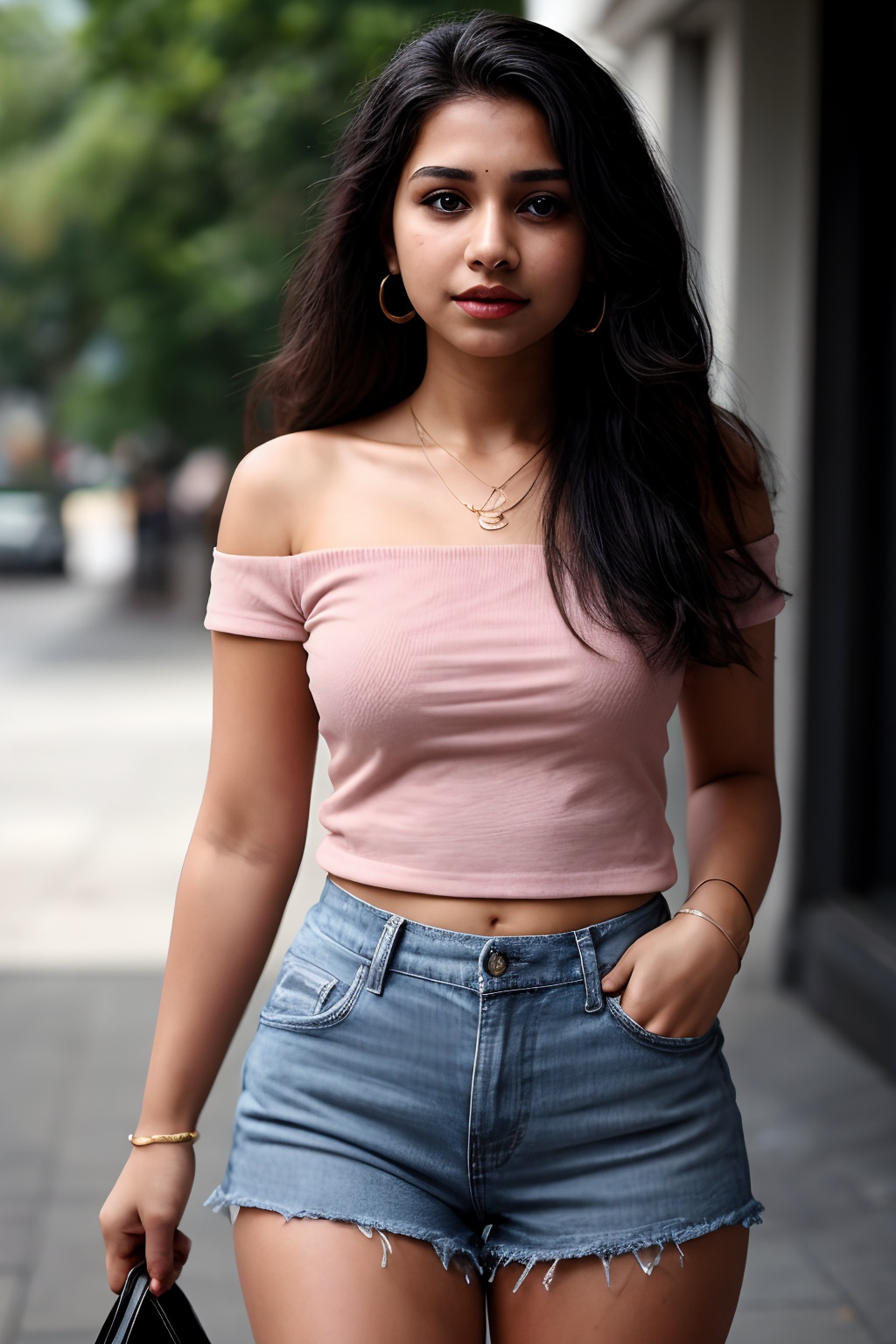 A solo punjabi Indian simple girl simple type age 16 the viewer from a cowboy shot indoors. She's wearing a black miniskir...