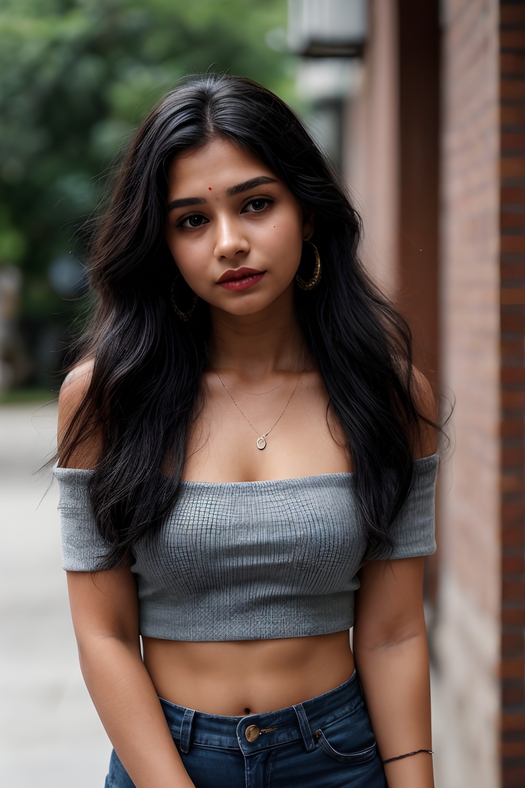 A solo punjabi Indian simple girl simple type age 16 the viewer from a cowboy shot indoors. She's wearing a black miniskir...