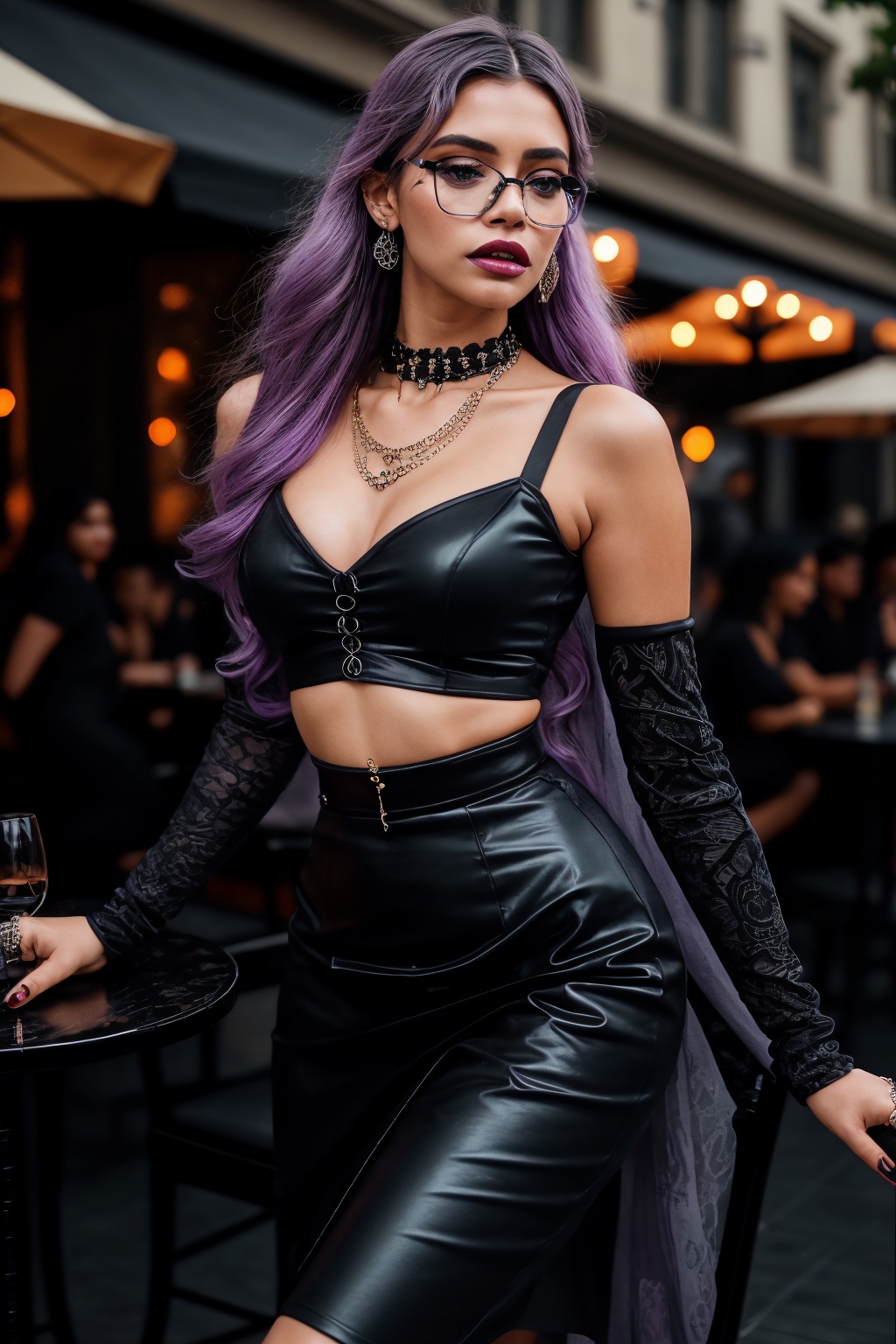 Here's a surrealistic portrait of Kavya Thapar: In a dimly lit outdoor cafe,  bathed in the warm glow of soft cinematic li...
