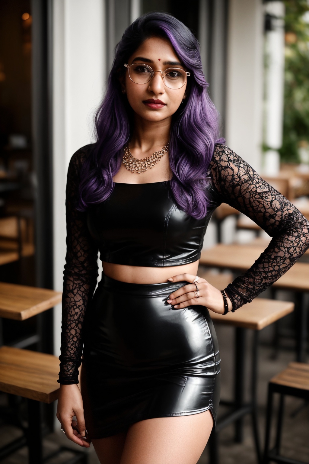 Here's a surrealistic portrait of Kavya Thapar: In a dimly lit outdoor cafe,  bathed in the warm glow of soft cinematic li...