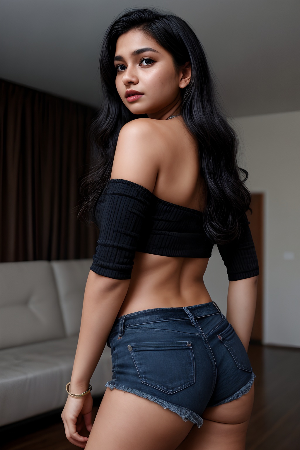 A stunning Punjabi Indian girl,  age 18,  posed in a cowboy-inspired setup indoors. She stands out against a blurred backg...