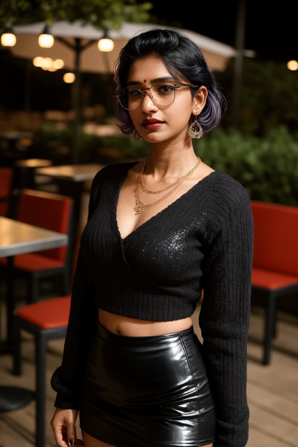 Here's a surrealistic portrait of Kavya Thapar: In a dimly lit outdoor cafe,  bathed in the warm glow of soft cinematic li...
