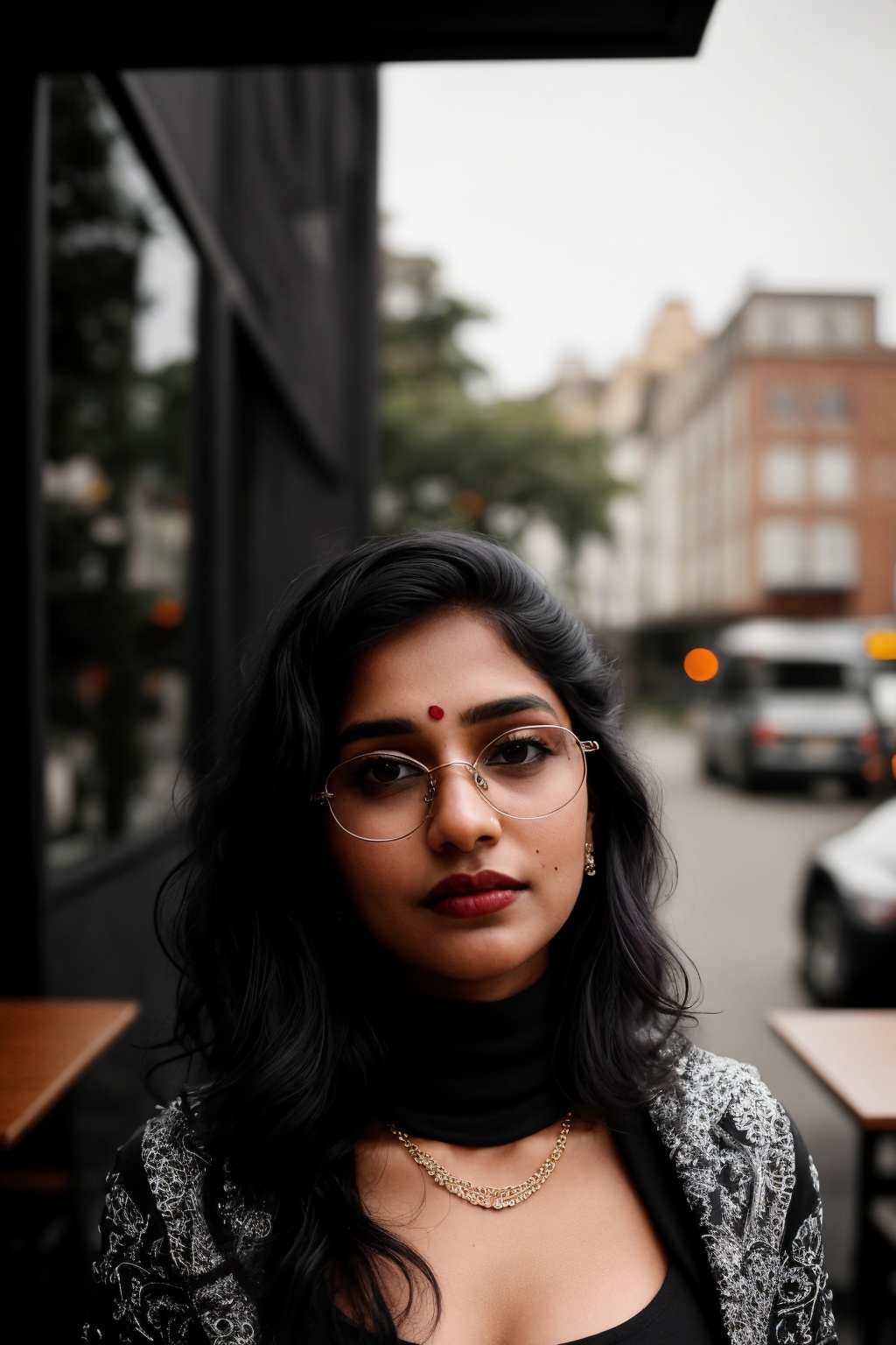 Here's a surrealistic portrait of Kavya Thapar: In a dimly lit outdoor cafe,  bathed in the warm glow of soft cinematic li...