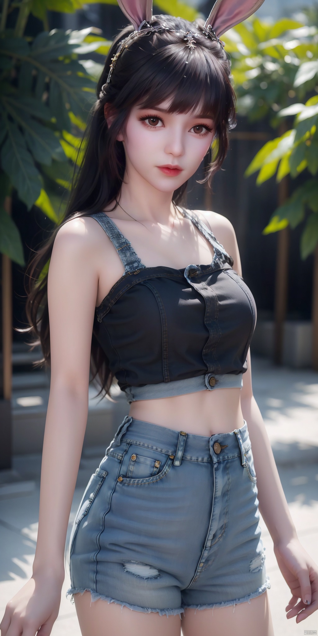 High definition image quality, half body, a girl, a beautiful woman, long hair (long black hair: 1.5), long flowing hair, exquisite hair accessories, rabbit ears, (wearing a pair of denim shorts: 1.2), denim shorts, breasts, cleavage, collarbone, big boobs,