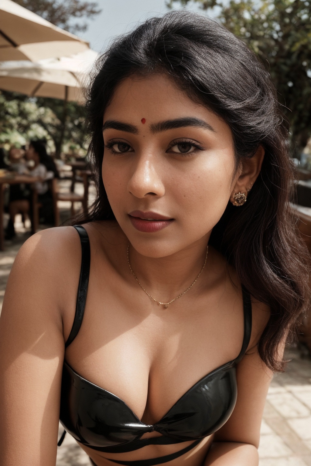 A sultry shot of bhama exudes sophistication in an outdoor cafe setting. Soft focus captures her radiant skin texture as s...