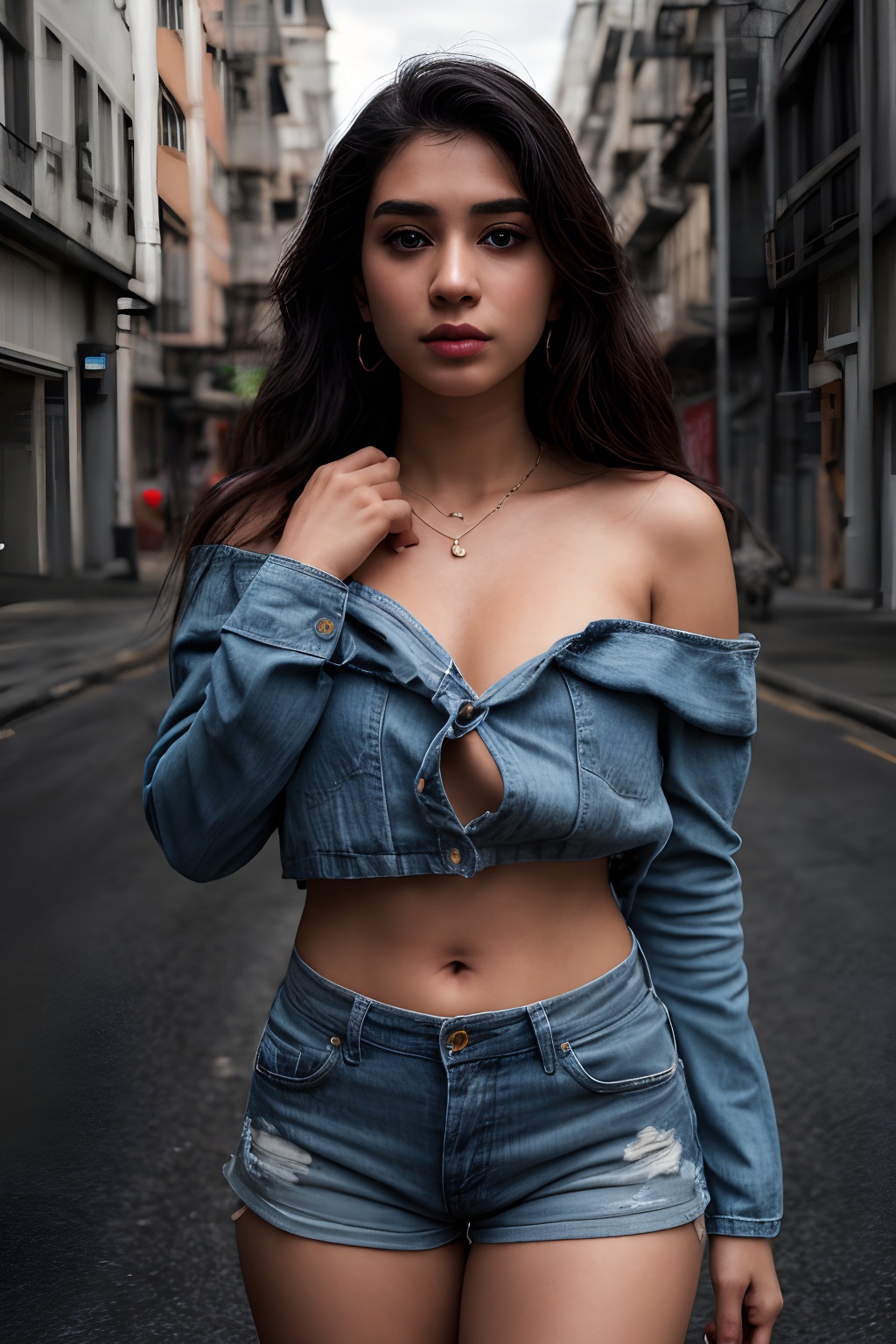 A solo simple girl simple type age 18 the viewer from a cowboy shot indoors. She's wearing a black miniskirt and jeans her...