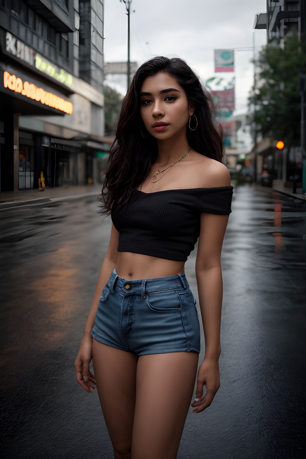 A solo simple girl simple type age 18 the viewer from a cowboy shot indoors. She's wearing a black miniskirt and jeans her...