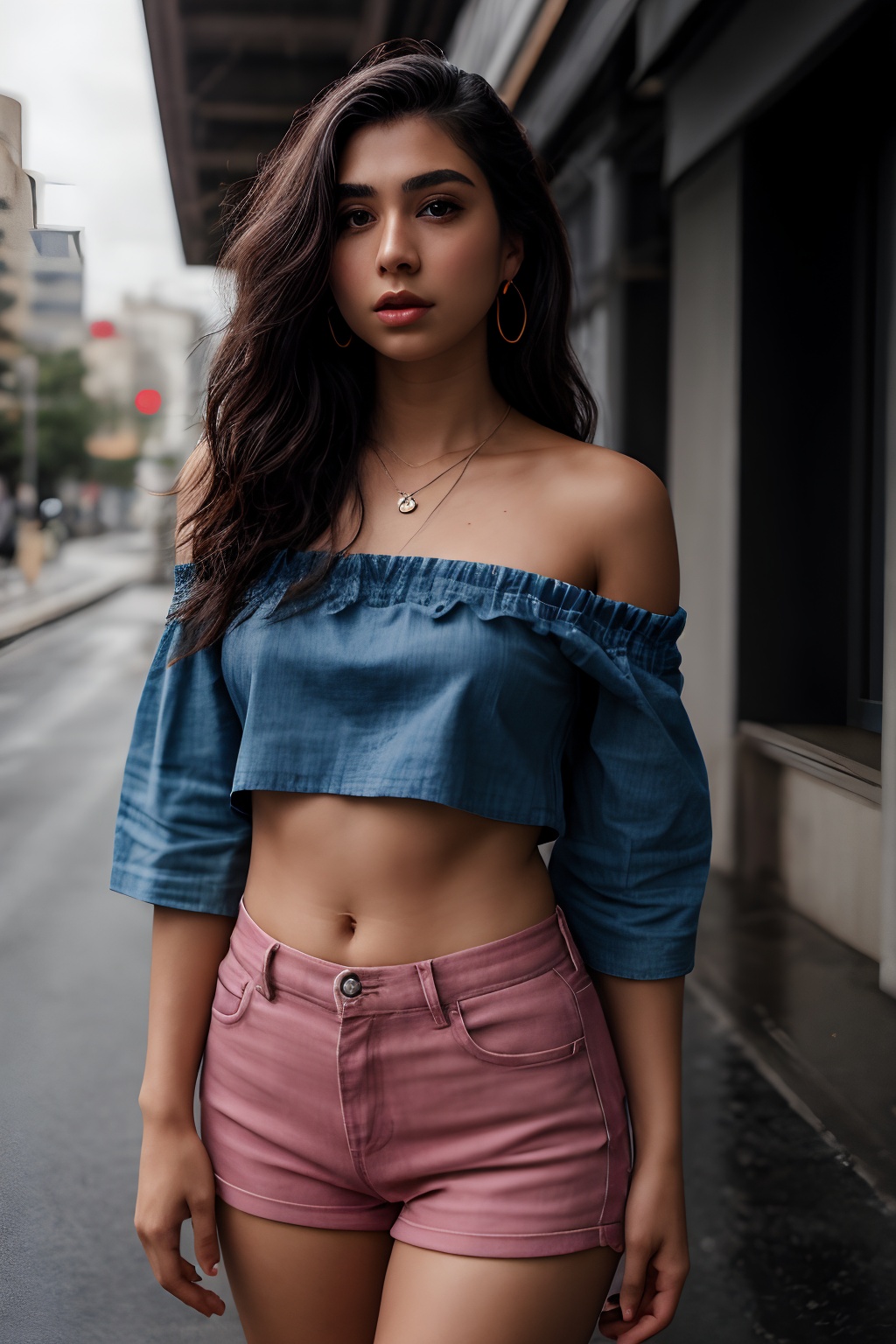 A solo simple girl simple type age 18 the viewer from a cowboy shot indoors. She's wearing a black miniskirt and jeans her...