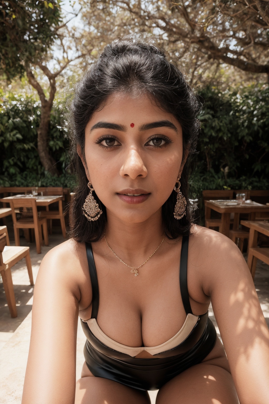 A sultry shot of bhama exudes sophistication in an outdoor cafe setting. Soft focus captures her radiant skin texture as s...