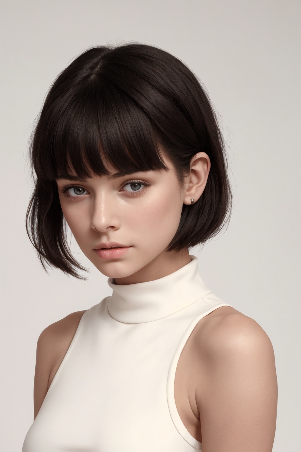 This is a high-contrast close-up photorealistic illustration featuring a woman from the shoulders up with a striking,  min...