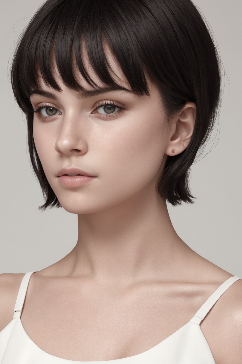 This is a high-contrast close-up black-and-white photorealistic illustration featuring a woman from the shoulders up with...