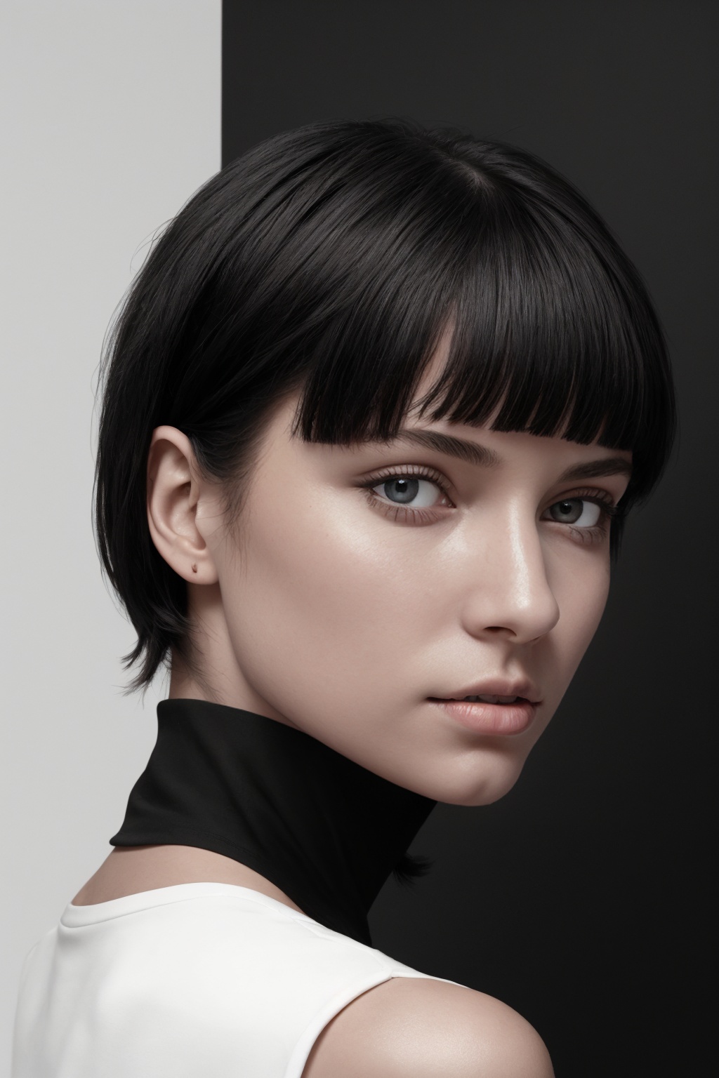 This is a high-contrast close-up black-and-white photorealistic illustration featuring a woman from the shoulders up with...