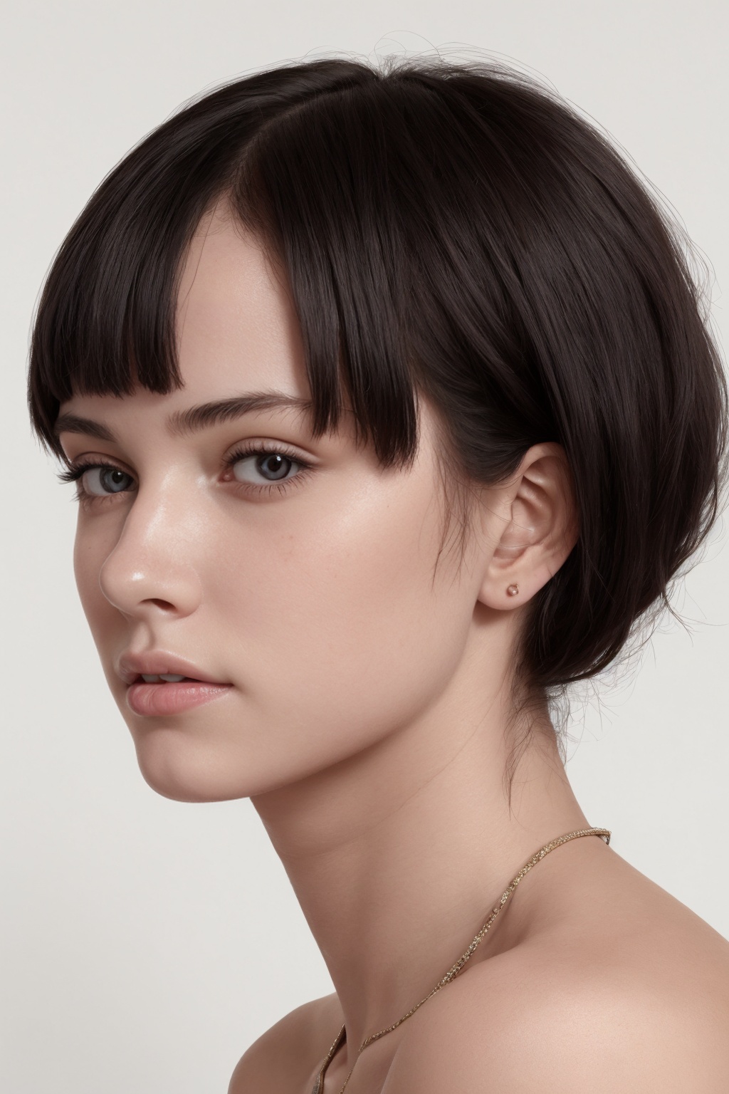 This is a high-contrast close-up photorealistic illustration featuring a woman from the shoulders up with a striking,  min...