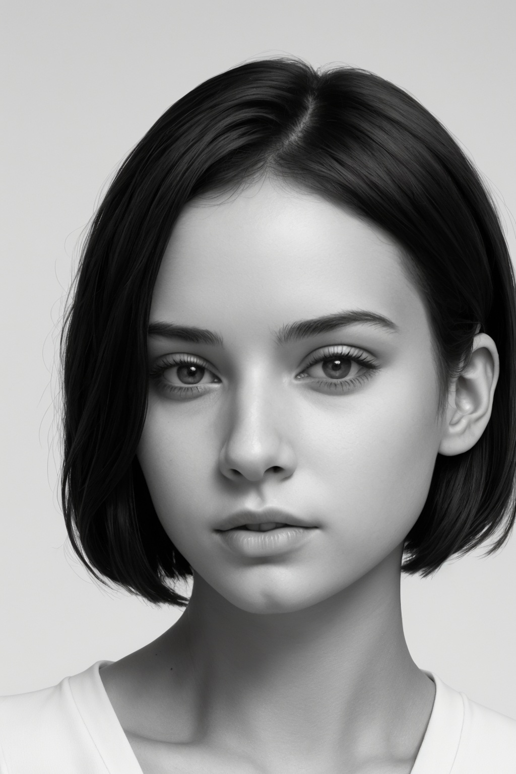 This is a high-contrast close-up black-and-white photorealistic illustration featuring a woman from the shoulders up with...