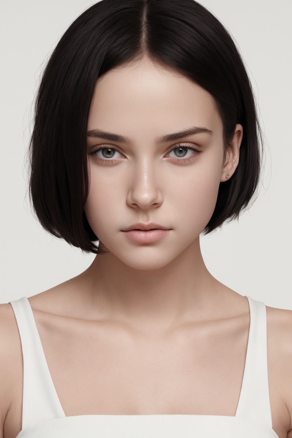 This is a high-contrast close-up black-and-white photorealistic illustration featuring a woman from the shoulders up with...
