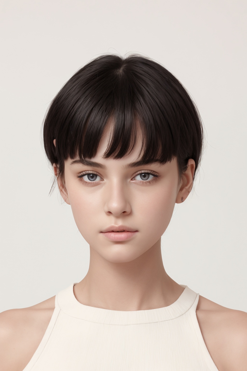 This is a high-contrast close-up photorealistic illustration featuring a woman from the shoulders up with a striking,  min...