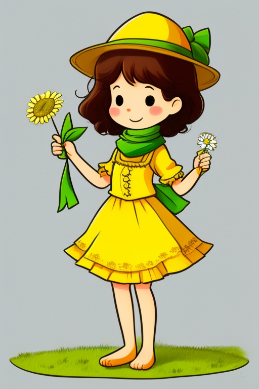 A cartoon vintage drawing of a cute girl in a yellow and green dress,  wearing a yellow hat with a green scarf around her...