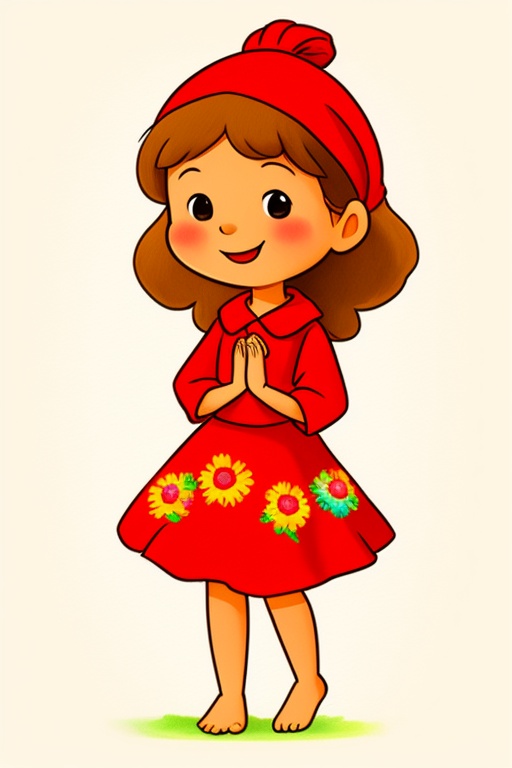 A cartoon drawing of a cute Rarámuri girl with brown skin,  wearing a vibrant red dress adorned with many colorful flower...