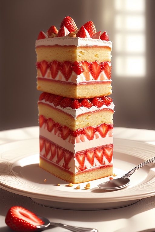 A close-up shot of a layered dessert cake,  featuring a thinly sliced strawberry topping and strawberry sauce. The cross-s...