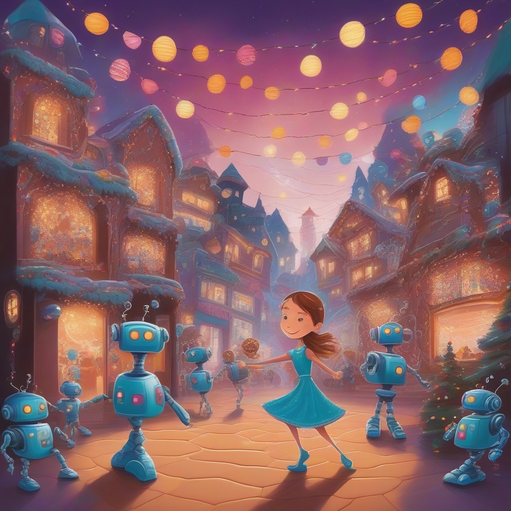 A vibrant scene of a woman dancing gracefully with several robots in a whimsical cookie town. The town is filled with ging...