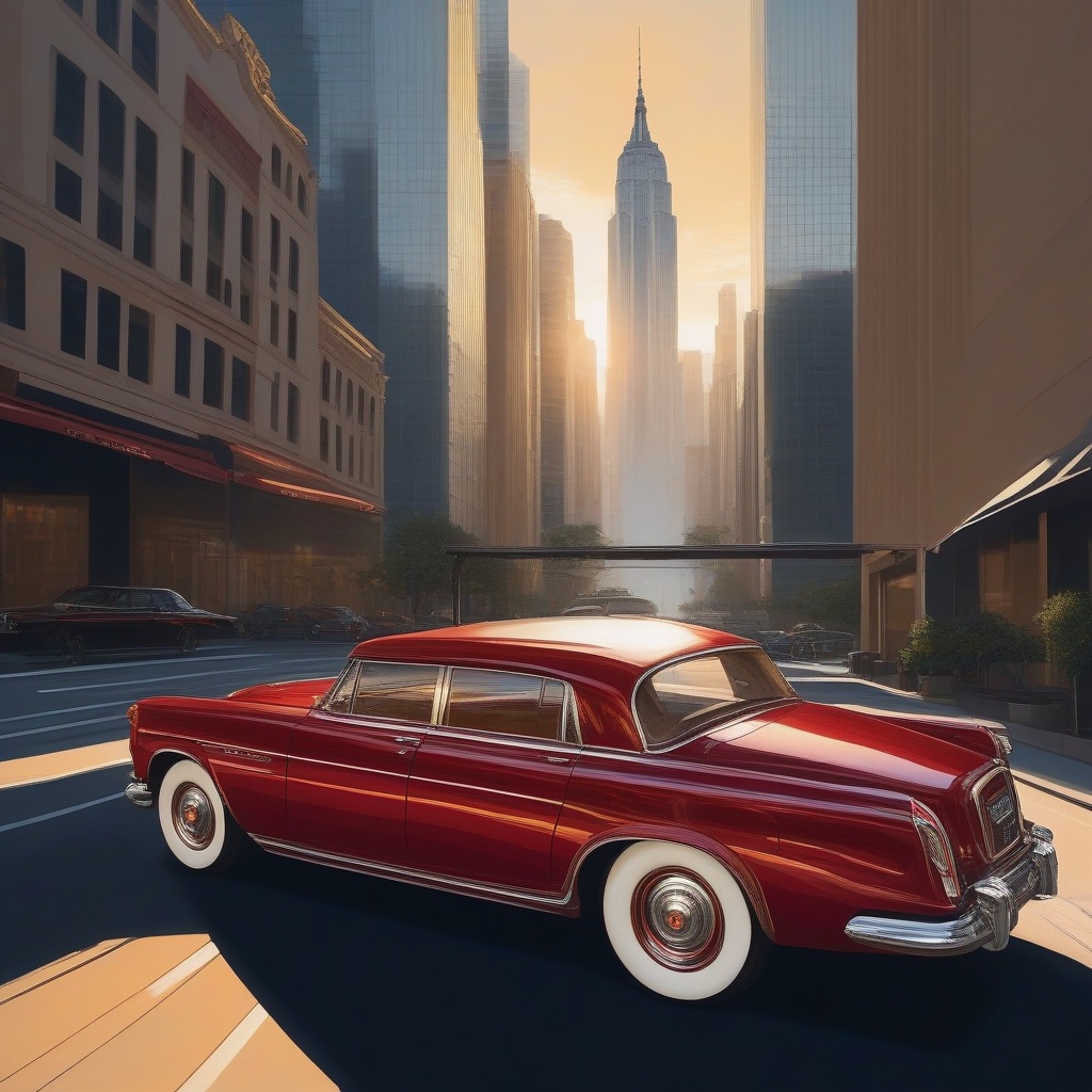 A meticulously detailed antique luxury red car parked elegantly in the heart of the city. The car,  with its polished chro...