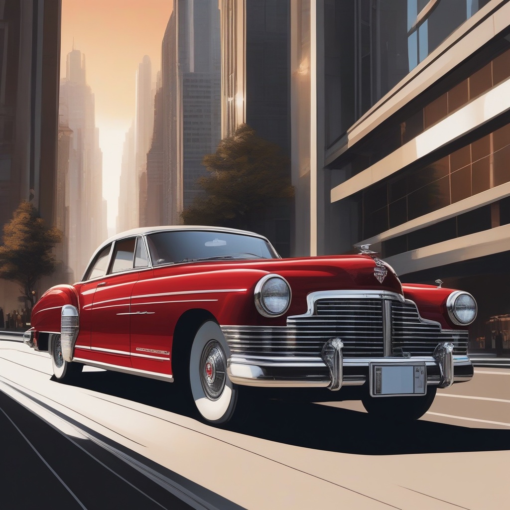 A meticulously detailed antique luxury red car parked elegantly in the heart of the city. The car,  with its polished chro...