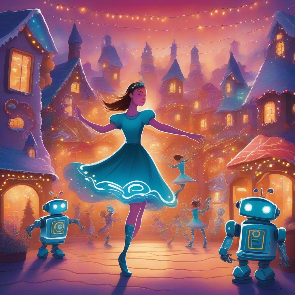 A vibrant scene of a woman dancing gracefully with several robots in a whimsical cookie town. The town is filled with ging...