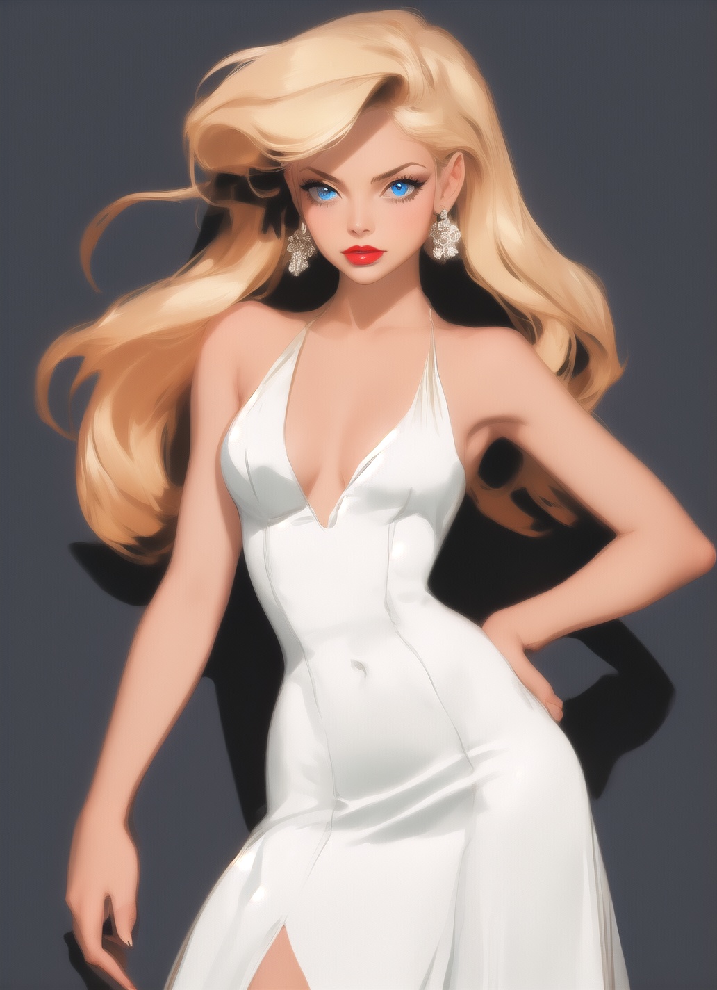 The image depicts a stylized illustration of a woman with long blonde hair,  wearing a white dress with a plunging necklin...
