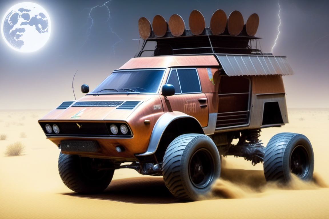 rusty ferrari on 4 big wheels from Big Foot,  mud tires,  large kangaroo on Tensor.Art
