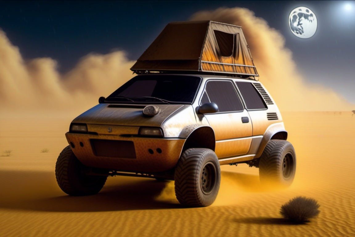 rusty matiz on 4 big wheels from Big Foot,  mud tires,  large kangaroo on Tensor.Art