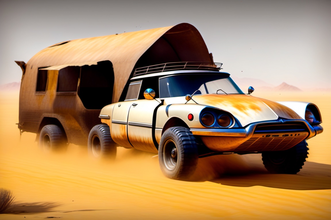 rusty Citroen DS 23 on 6 big wheels from Big Foot,  mud tires,  large kangaroo on Tensor.Art