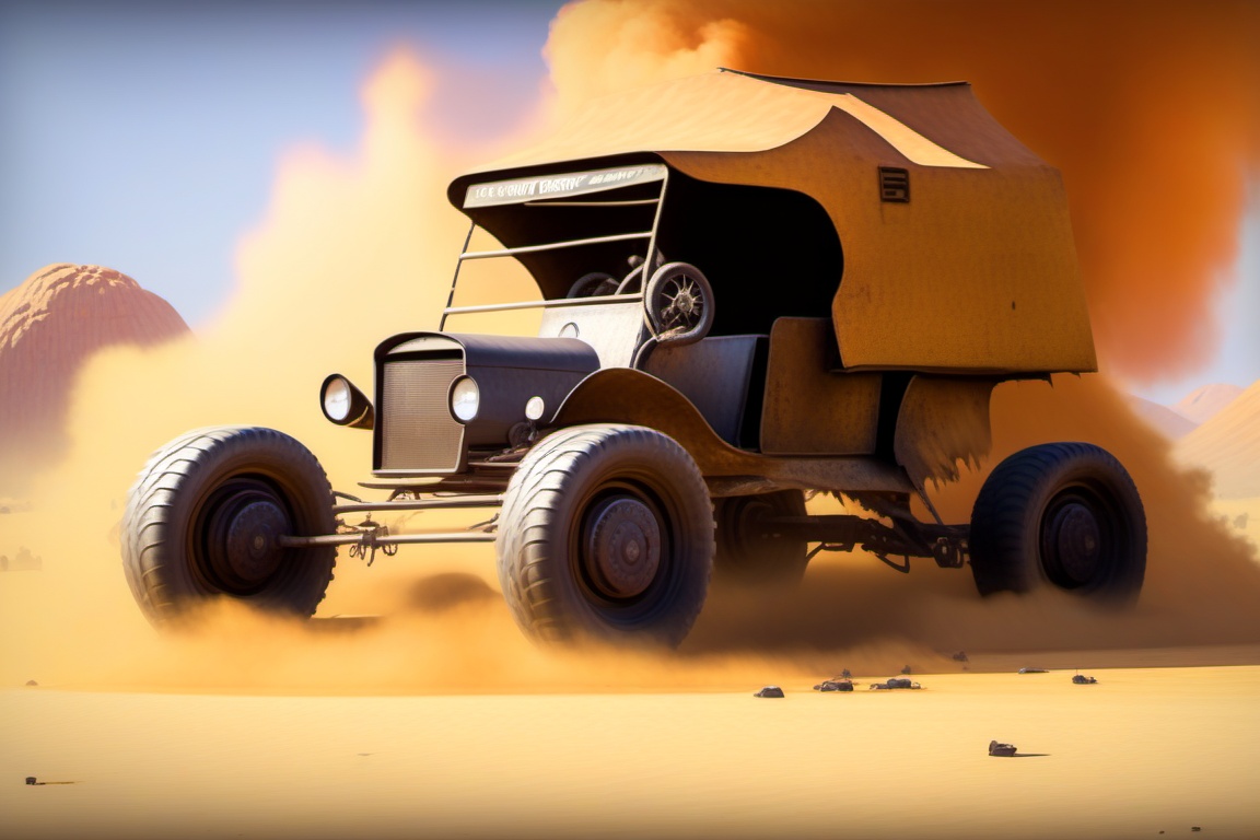 rusty Ford Model T on 6 big wheels from Big Foot,  mud tires,  large kangaroo on Tensor.Art