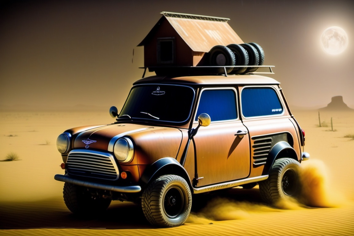 rusty mini cooper on 4 big wheels from Big Foot,  mud tires,  large kangaroo on Tensor.Art