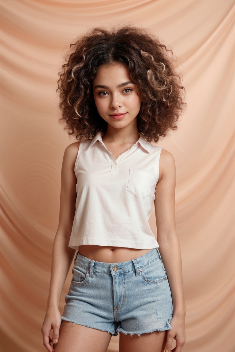 A young tween girl with Afro-textured hair and striking brown eyes stands confidently in front of a neutral-colored backgr...