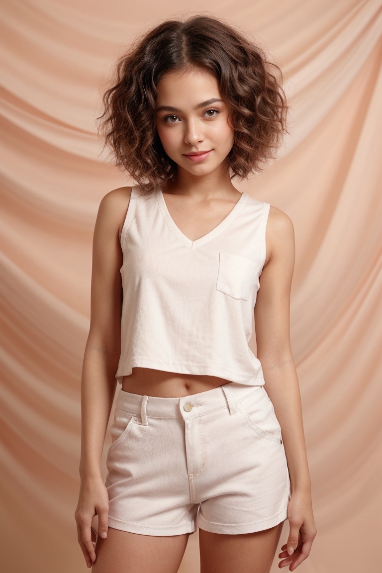 A young tween girl with short Afro-textured hair and striking brown eyes stands confidently in front of a neutral-colored...