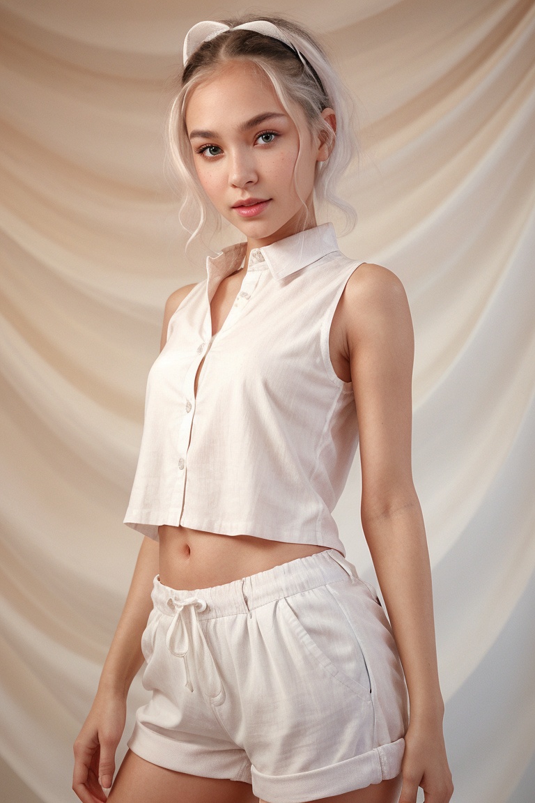 A young tween girl with short white Afro-textured hair and striking brown eyes,  light skin,  stands confidently in front...