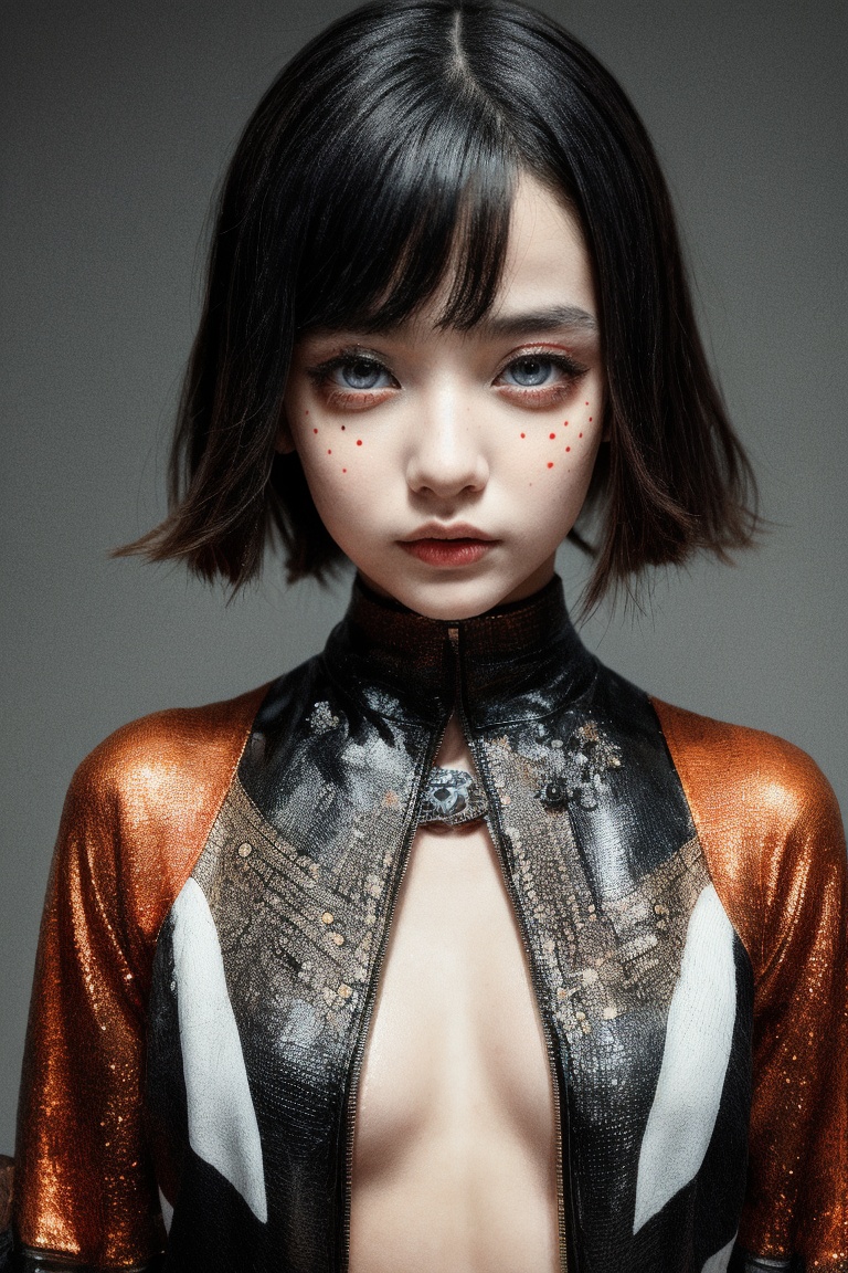A futuristic fantasy full body images an enigmatic tween girl with intricate,  black dots meticulously arranged on her hea...