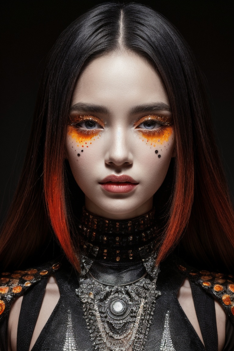 A futuristic fantasy portrait of an enigmatic woman with intricate,  black dots meticulously arranged on her head,  resemb...