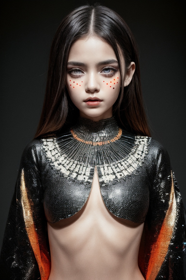 A futuristic fantasy full body images an enigmatic tween girl with intricate,  black dots meticulously arranged on her hea...