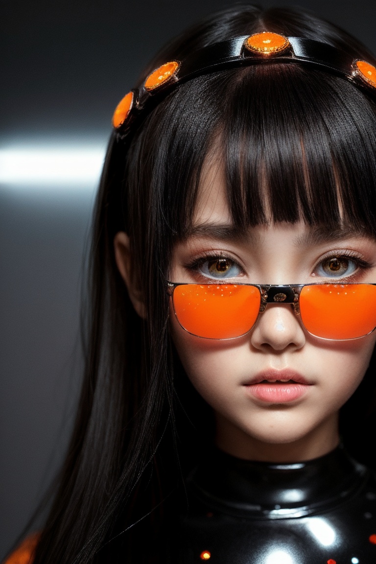 A futuristic fantasy portrait of an enigmatic tween girl with intricate,  black dots meticulously arranged on her head,  r...