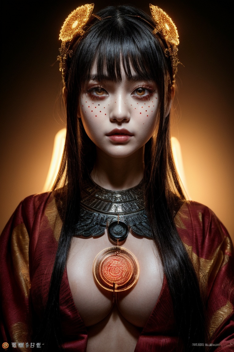 A futuristic fantasy unfolds as an enigmatic tween girl stands center-frame,  surrounded by dimly lit,  dark orange and re...