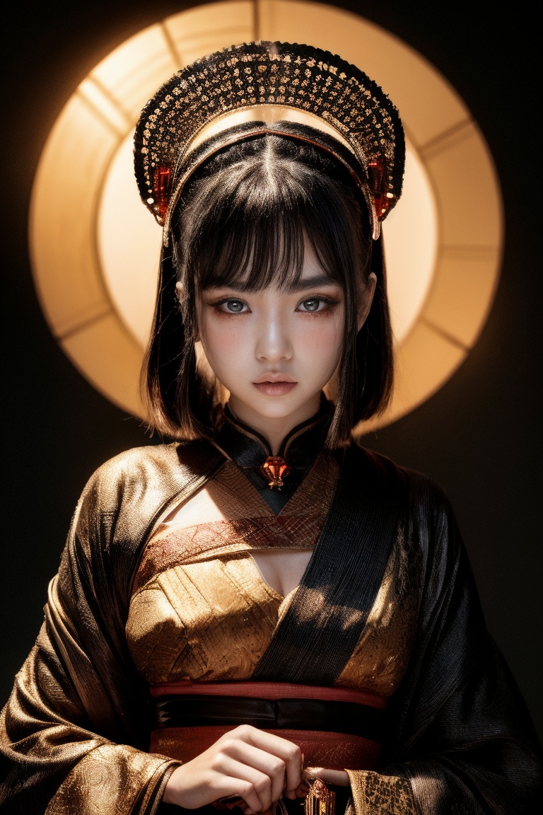 A futuristic fantasy unfolds as an enigmatic tween girl stands center-frame,  surrounded by dimly lit,  dark orange and re...