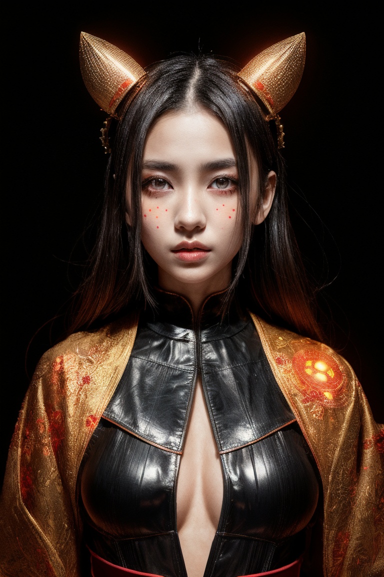 A futuristic fantasy unfolds as an enigmatic tween girl stands center-frame,  surrounded by dimly lit,  dark orange and re...