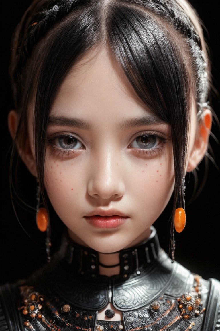 A futuristic fantasy half-body portrait of an enigmatic tween girl with intricate,  black dots meticulously arranged on he...