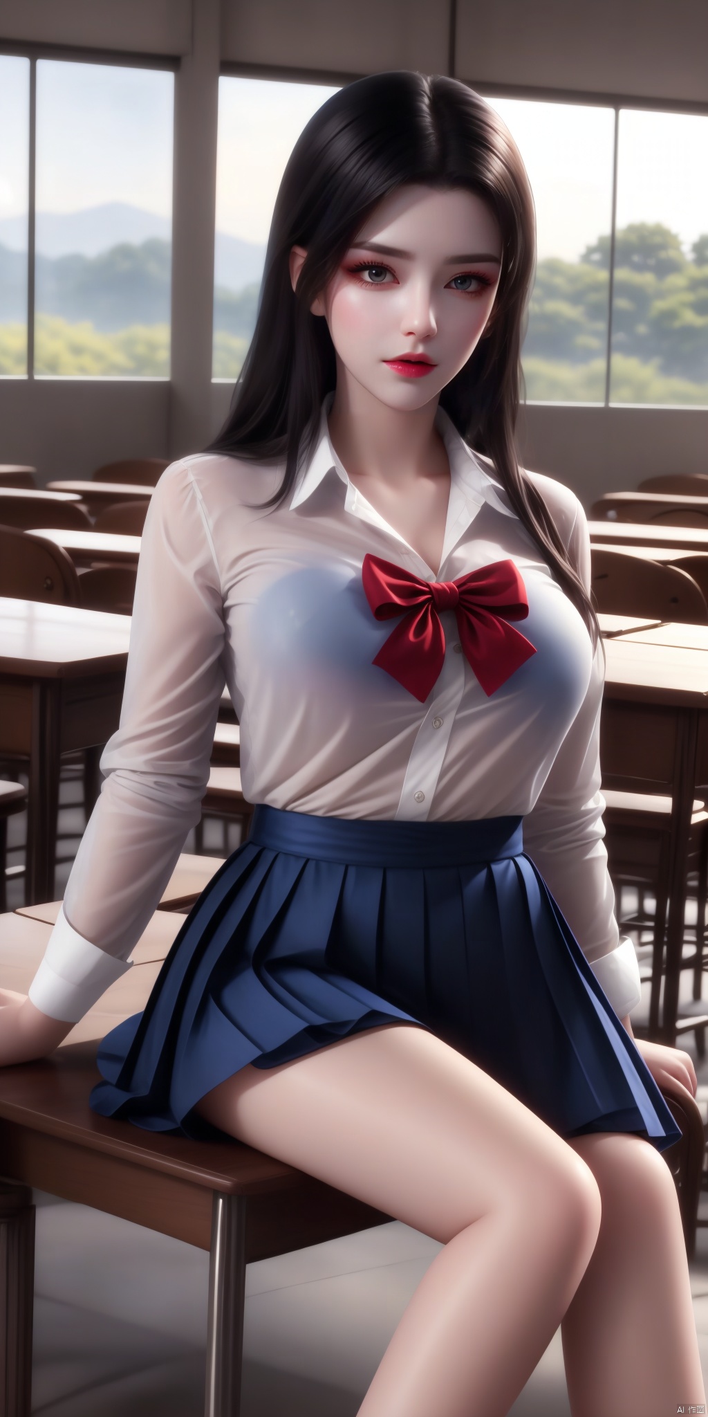 High definition image quality, full body, a girl, beautiful, pretty, cute, long black hair, white shirt, blue pleated skirt, JK clothing, beautiful legs, various poses, students, breasts, cleavage, collarbone, big chest, legs, beautiful legs, school, classroom, desks and chairs,